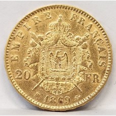 FRANCE 1869 BB . TWENTY 20 FRANCS . GOLD COIN